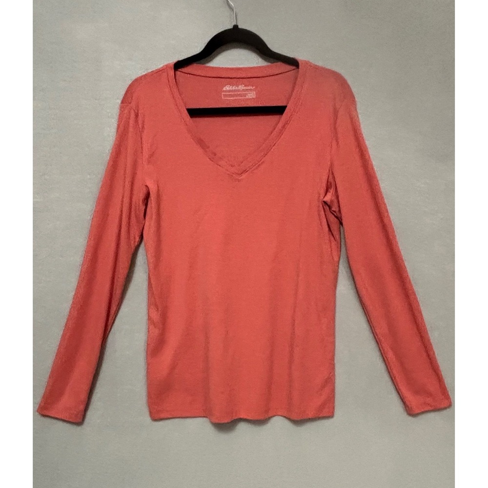 Eddie Bauer Womens Coral Pink V-Neck Long Sleeve T-Shirt Cotton Blend XL
